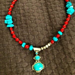 Southwestern beaded pendant, red beads, turquoise and sterling silver 18”